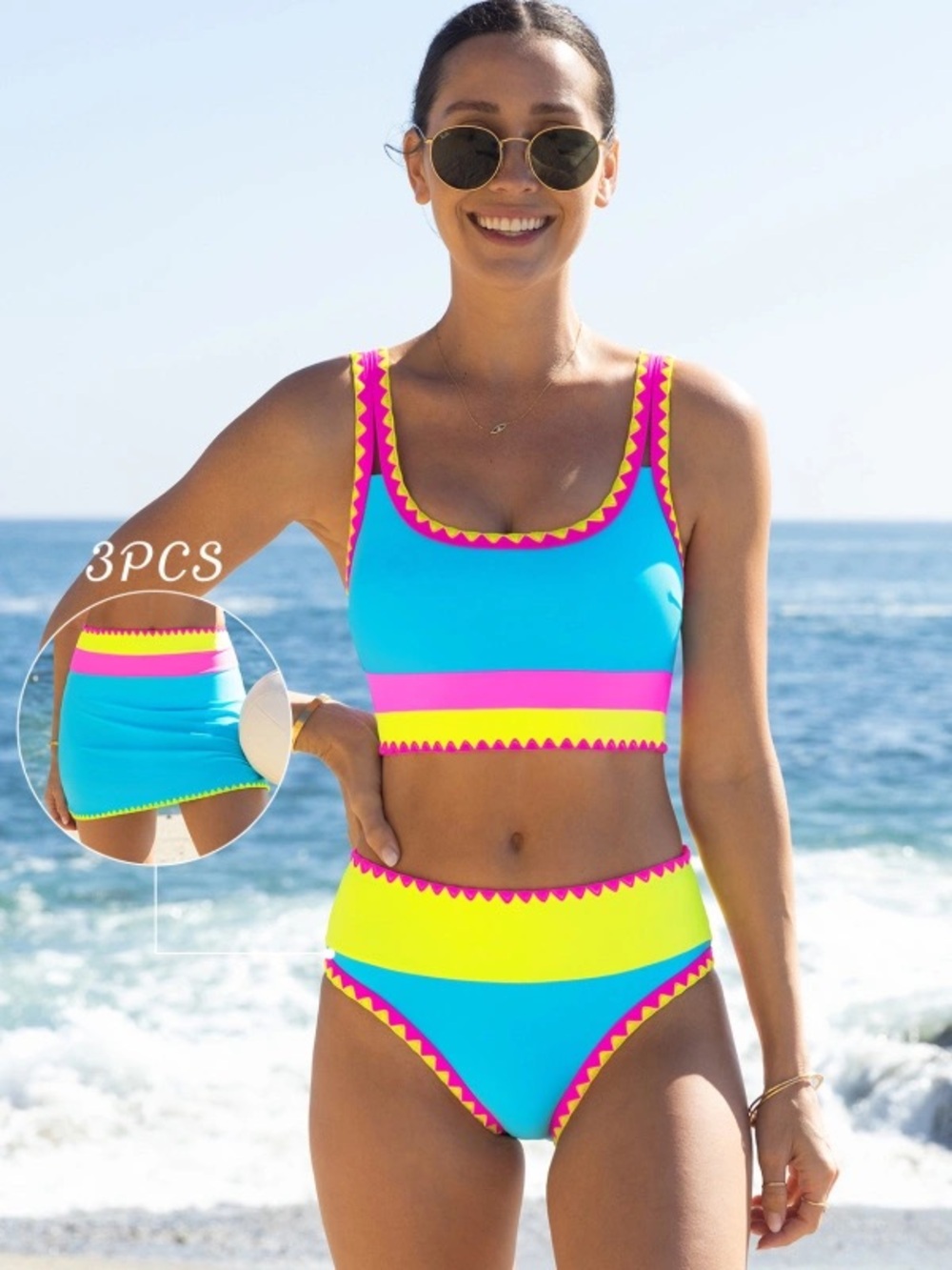 NWT Popvil Bright Blue Bikini Top & Skirt Set with Neon Pink and Yellow Trim - Picture 2 of 9